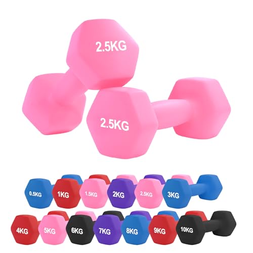 Neoprene Dumbbell – Cast Iron Core Hex Shape Hand Weight with Anti-Slip Grip, Durable Rubber Coating for Strength Training, Home Gym, Fitness & Aerobic Exercise (0.5-10 kg) (2.5Kg Pair-Pink)