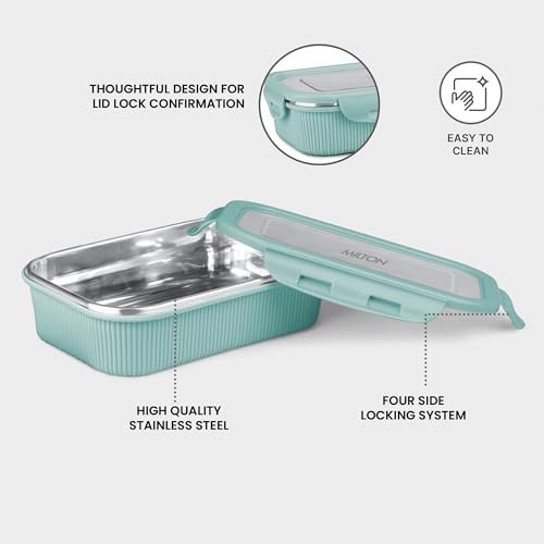 Image of MILTON Cool Touch Rectangular 400 Stainless Steel Container, 380 ml, Pastel Turquoise, Microwave Safe, Food Grade, BPA Free, Refrigerator Safe
