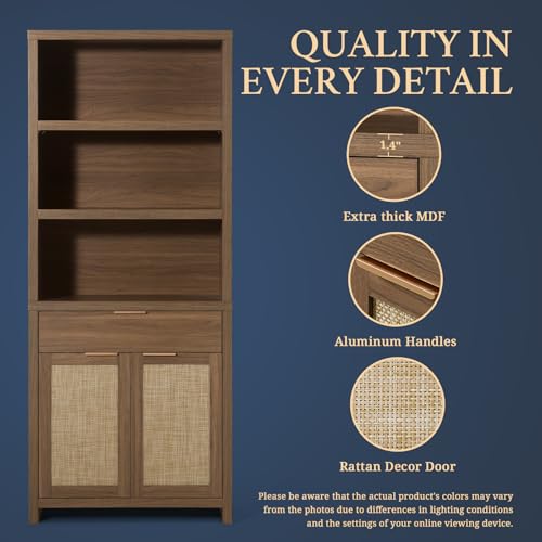 OAKHAM HOME Hampstead Bookcase, Rattan Bookcase with Doors Cabinet and Drawer, 5-Tier Bookshelf, Large Wooden Book Case, Tall Bookshelves for Library Living Room (Special Walnut, 1 Piece)