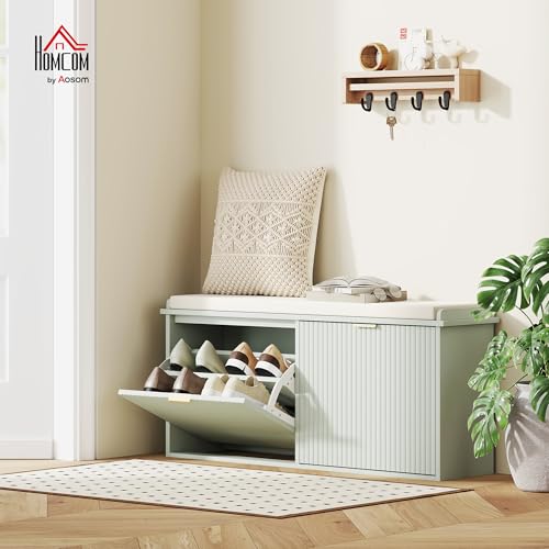 HOMCOM Shoe Bench with Padded Seat Cushion and Flip-Drawer, Shoe Cabinet Holds up to 240kg for Hallway, Entryway and Porch, 104x26x47.5cm, Green