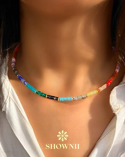 shownii Mother's Day Gift for Mom Boho Beaded Choker Necklace for Women,Gemstone Necklace Natural Stone 14K Gold Plated Handmade Necklace Jewelry Gift3