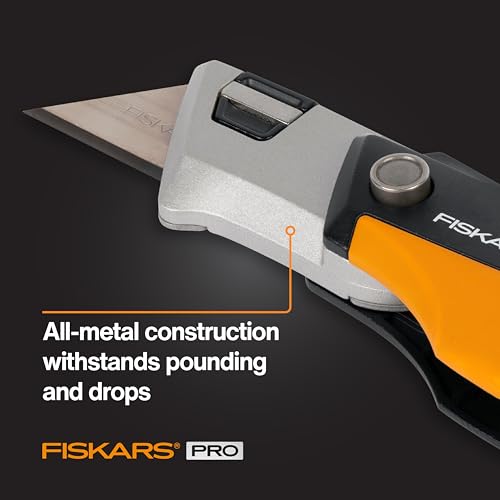 Image of Fiskars Pro Folding Utility Knife, CarbonMax Blade with Safe Blade Lock and Pocket Clip, Compact Dual-Lock All-Metal Design, Everyday Carry