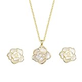 AILUOR Black Rose Camellia Flower Jewelry Sets, Fashion Wedding Bridal Crystal Flower Pendant Statement Necklace Hook Earrings Set for Women (White)
