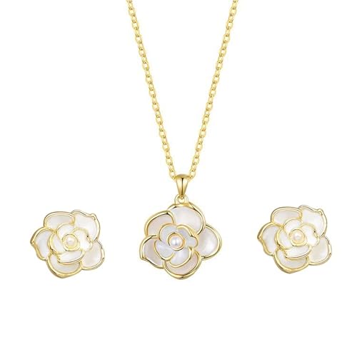 AILUOR Black Rose Camellia Flower Jewelry Sets, Fashion Wedding Bridal Crystal Flower Pendant Statement Necklace Hook Earrings Set for Women (White)