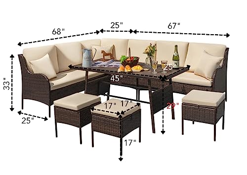 Image of DEVOKO 6 Piece Outdoor Patio Furniture Set All-Weather Wicker Rattan Modern Sofa Set with 1 Dining Table and 3 Footrests (Dark Brown & Cream)