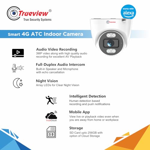 Trueview Smart Security Camera 4G 3mp CCTV Dome Camera for Home | Shop | Office | Farm | Construction Site | Sim Based Camera (4G Sim Based 3MP 1296p HD with 4 IR LED) 3