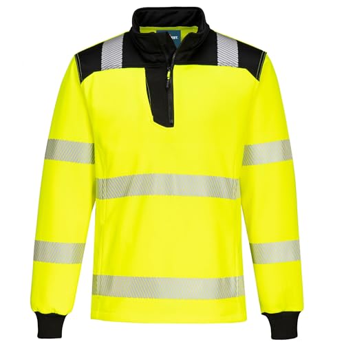 Portwest PW326 PW3 Hi Vis Quarter Zip Sweatshirt Durable Knitted Fabric Brushed Backing Reflective Tape UV Protection Secure Pockets Comfortable Workwear, Yellow/Black, XXL