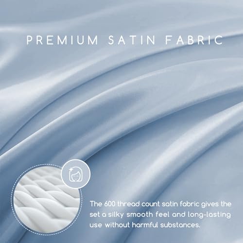 Image of MR&HM Satin Bed Sheets with Elastic Corner Straps, King Size Sheets Set, 4 Pcs Silky Bedding Set with 15 Inches Deep Pocket for Mattress (King, Blue Haze)