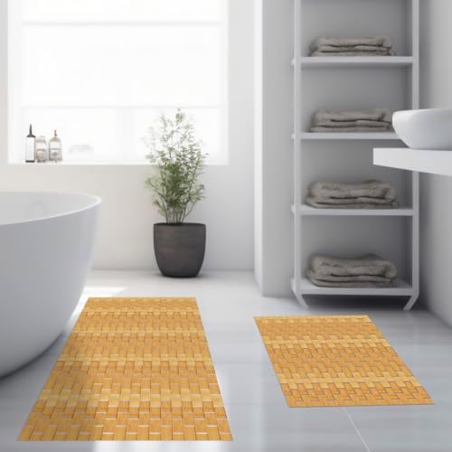 Barydat 2 Pcs Bathroom Bamboo Bath Mat Set Long Large Bathtub Non...