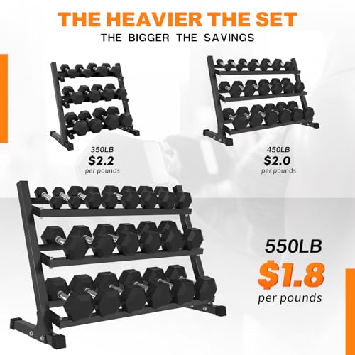 Image of Mikolo Dumbbell Sets with Rack, Rubber Hex Dumbbells, Multiple Choices in 160 /200 /380 /450 /550LB, Hand Weights with Chrome Handle for Strength Training