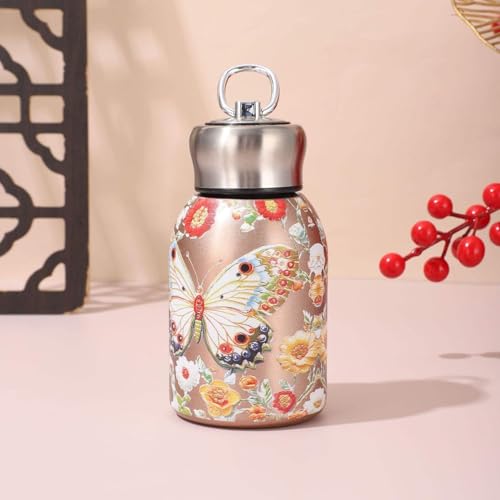 Image of Travel Water Bottle with Butterfly Floral Design, Stainless Steel Leakproof Drinking Bottle with Carry Loop for Office, School, Gym, Travel & Daily Use