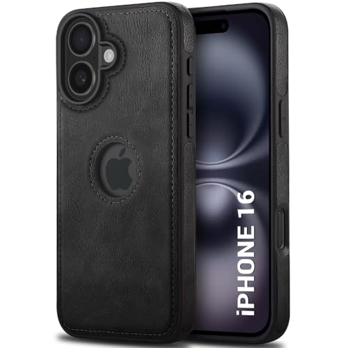 Image of TheGiftKart Genuine Leather Finish Back Cover Case for iPhone 16 | Shockproof Design | Raised Edges for Camera & Screen Protection | Stunning Minimalist Design Back Case Cover (Black Sides, Black)
