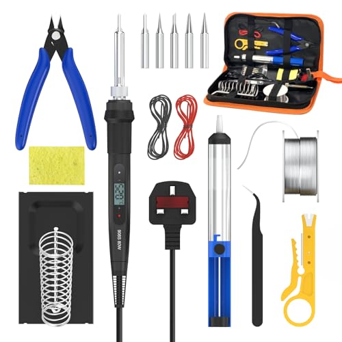 Soldering Iron Kit 80W 15-in-1 LCD Adjustable Temperature 180-520C Electric Soldering Iron with 5 Tips Desoldering Pump Solder Wire Wire Stripper Cutter Stand Tweezers & Case