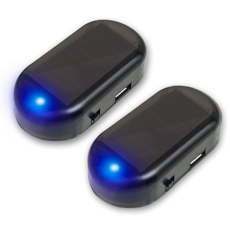 2 Pcs Car Solar Power Simulated Dummy Alarm, Antitheft Led Flashing Security Light Fake Lamp, Automotive Warning Interior Safety Lights with USB Charger Port (Blue)