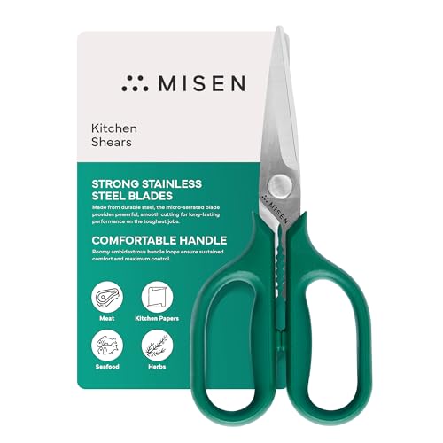 Misen Heavy Duty Kitchen Shears - Comfortable Ambidextrous Scissors for Meat, Poultry, Herbs & More - Easy to Clean - German Stainless Steel - Small | Green