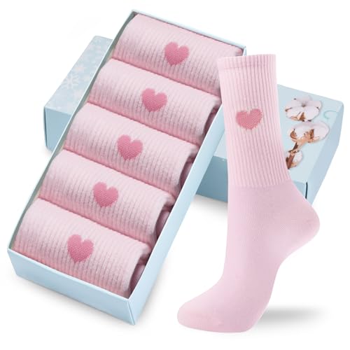 Image of Corlap Women's Cute Cotton Crew Athletic Running Socks - Ankle High, Novelty Fun Heart Design 5-Pairs (Gift Box)