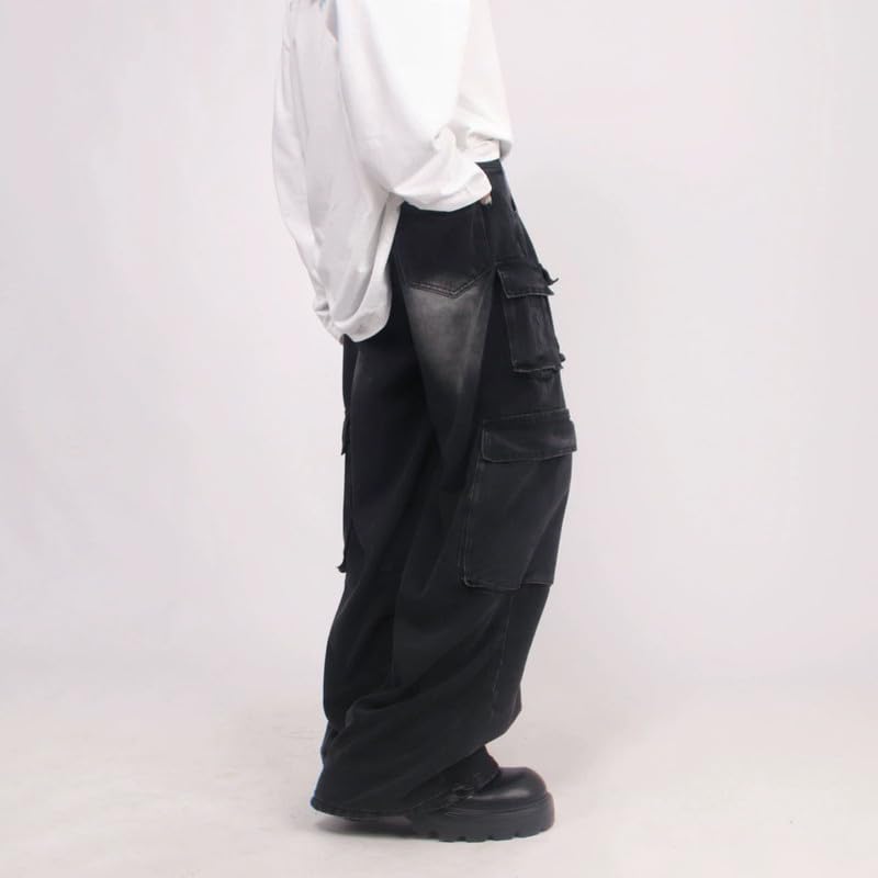 Cargo Pants with Pockets Men Women Baggy Jeans Y2k Wide Leg Grunge Loose Jeans Clothes Streetwear Black3
