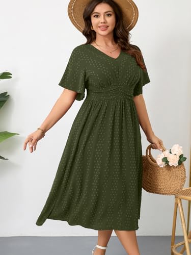 Image of RWJ Women's Plus Size Maxi Dress V Neck Short Sleeve Swiss Dot A Line High Waist Boho Swing Casual Summer Dresses