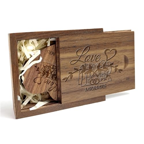 Heart Shape Wood USB Flash Drive 64GB USB 3.0 with Gift Box,TATMOHIK Wedding USB Memory for Storing Photos Walnut Wooden Thumb Drive for Keepsakes for Wedding, Birthday, Valentines Day
