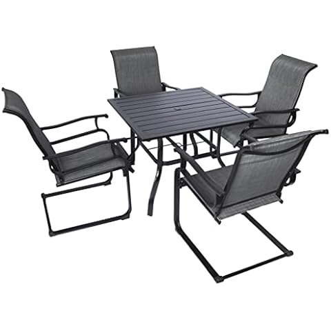 LUCKYBERRY Patio Dining Set 5 Pieces Outdoor Furniture Set for 4 Patio Spring Chairs Textilene Padded with 1 Metal Color Umbrella Table 4 Person for Lawn Garden Cover
