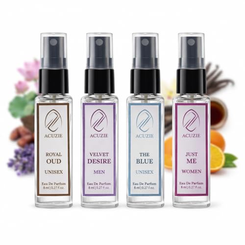 Image of Perfume Discovery Set for Men & Women (4 x 8ml) | Mini Perfume Trial Pack with Royal Oud, The Blue, Velvet Desire & Just Me EDP | Long Lasting Fragrance Gift Set & Travel Kit for Unisex