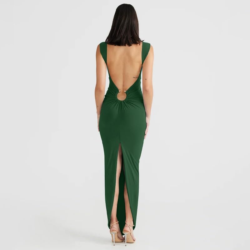 Image of Women Sexy Backless Dress V Neck Sleeveless Bodycon Backless High Slit Maxi Long Party Cocktail Wedding Dress