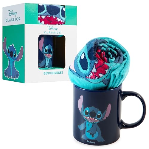 Disney Tasse und Socken Damen Set Stitch Geschenk Set (Marineblau Stitch)