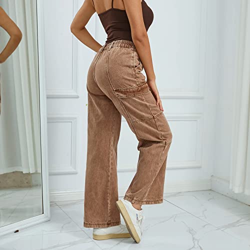 Women's High Waist Straight Wide Leg Y2K Streetwear Cargo Pants Baggy Boyfriend Loose Fit Jeans with Flag Pocket2