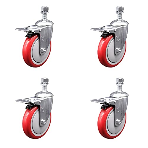 Stainless Steel Polyurethane Swivel Threaded Stem Caster Set of 4 w/5