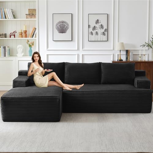 Image of 96 inch Modular Sectional Sofa Couches L-Shape Couch 3 Seat Modular Sofa Corduroy Memory Foam Sectional Boneless Couches for Living Room, Cloud Couch with Oversized Chaise(Black, Left Facing)