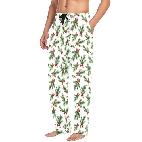 Mens Cotton Pajama Pants Sleep Lounge Pj Bottoms Sleepwear with Pockets Drawstring S Christmas Green Bow4