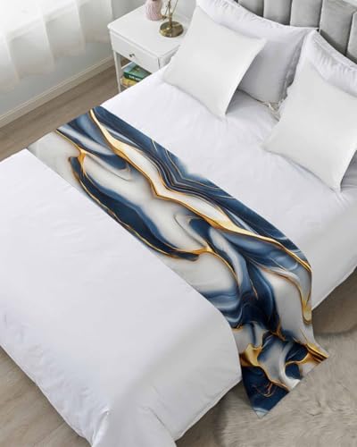 Navy Blue Marble Bed Runner Scarf for Twin Size Bed Foot,Decorative Bedding Accessory Stainproof & Dustproof Soft Protector For Bedroom Wedding Room Gold Modern Granite Surface Motif Sketch 71