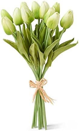 K&K Interiors Afloral Real Touch Mini Tulip Bundle in Pale Green - 13.5 inch, Tall