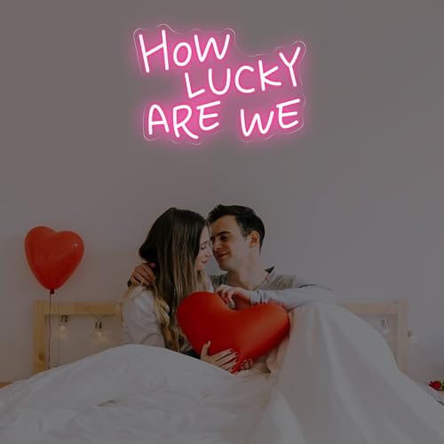 Image of How Lucky Are We Neon Sign, Romantic Anniversary LED Light, Home Bedroom Wall Decor,Valentine's Day Decor, Wedding Neon Wall Art, Light Pink, 15.7 inchx11 inch