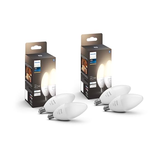 Philips Hue Smart 40W B39 Candle-Shaped LED Bulb - Soft Warm White Light - 4 Pack - 450LM - E12 - Indoor - Control with Hue App - Compatible with Alexa Google Assistant and Apple Homekit
