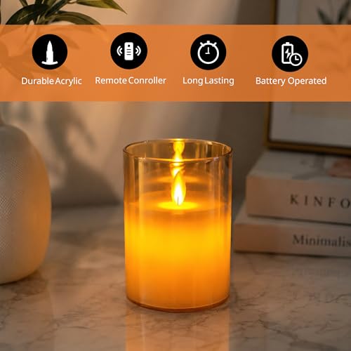 Image of LTETTES Real Wax Led Candle with Glass Cup | Flameless Flickering Wick | Amber Glass Finish | Battery Operated with Remote Controller | Decorative Candle for Home, Festival & Gifting | D-3 inch x H-4 inch