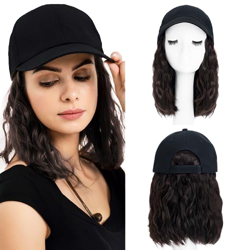 8 Inch Baseball Cap With Hair Extensions BOB Synthetic Hair With Attached Black Hat With One Piece Hair Extensions For Women
