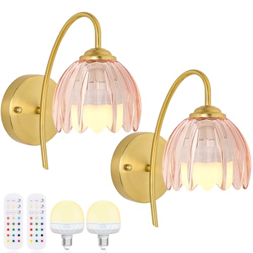 Image of Vintage Battery Wall Sconce with Flower lampshade,Rechargeable Battery Powered Wall Lights,Wall lamp with 15 Colors for Bedroom Living Room Home Decor (Pink Tulip, 2 Light Battery Operated)