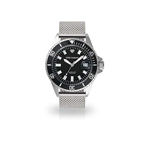 Yves Camani ANWEN Quarz Armbanduhr Analog schwarzes Zifferblatt Leder Mesh (Milanaise - Silber) Cover