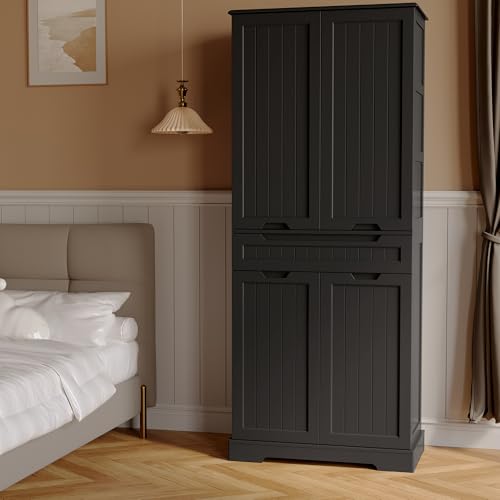 Gizoon 64" Tall Kitchen Pantry Cabinet with Doors and Shelves Large Stand Up Pantry Storage Cabinet with Drawer Large Food Cupboard for Kitchen Bathroom Craft Room, Black
