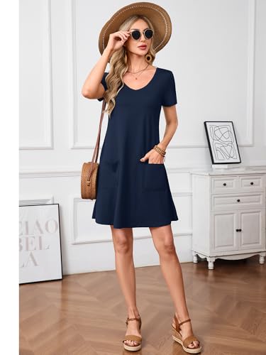 Image of Heymoments Summer Dresses for Women Short Sleeve V Neck Swing Sundress Casual A-Line Flowy Dress with Pockets S-2XL