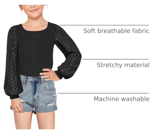 Image of Geckatte Girls Long Sleeve Shirts Square Neck Ribbed Blouse Lace Tops | Casual, Solid, Kids Cute Lace Puff Sleeve Tees, Lantern Long Sleeve, Ribbed Knit T Shirts, 5-14 Years