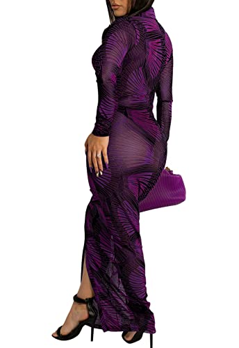 Image of Women's Sheer Mesh Long Sleeve Bodycon Midi Dress Club Night Out Dresses Beach Cover Up Dress