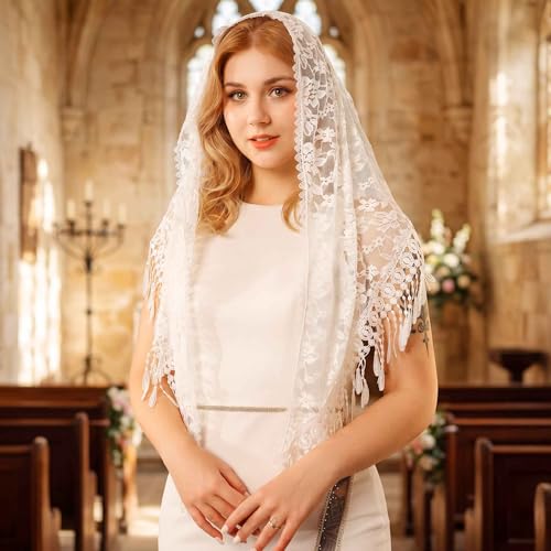 Image of Unsutuo Triangle Mantilla Veil White Lace Chapel Veils with Comb Catholic Mass Head Covering Scarf for Brides and Women