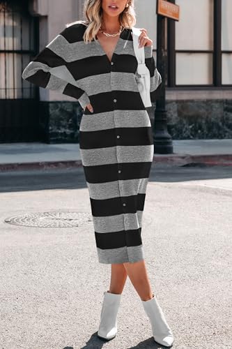 PRETTYGARDEN Women's Fall Sweater Dresses 2025 Long Sleeve V Neck Button Ribbed Knit Stripes Bodycon Midi Winter Dress4