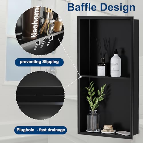 Neodrain No Tile Shower Niche, Stainless Steel Wall Niche 13.1"X25.1"(Inner Size 12"X24"), Two-Tier Bathroom Shelf, NO Tile Needed Recessed Cabinet for Bathroom Storage, Matte Black - Image 5