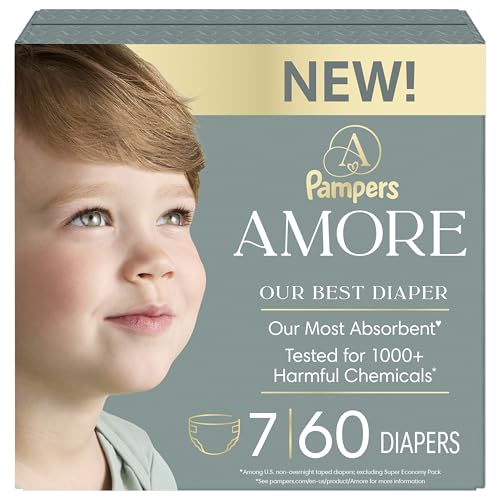 Image of Pampers Amore, Size 7 (26-50 lbs), 60 Count, Our Best Diaper – Hypoallergenic & Fragrance Free, Up to 100% Leakproof, Soft as Cashmere