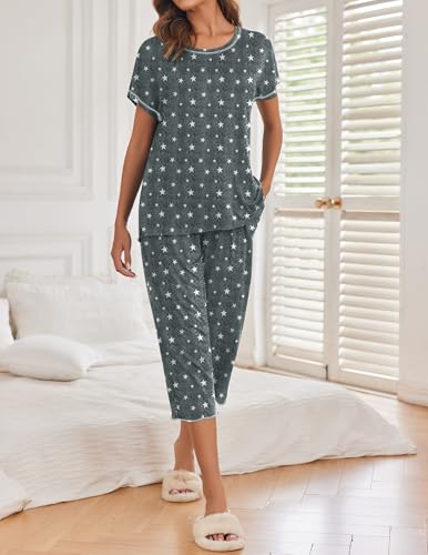 Image of Ekouaer 2 Pack Womens Pajamas Sets Short Sleeve Tops and Capri Pants Pjs