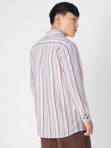 Image of The Souled Store Cotton Linen Stripes: Apricot Men and Boys Long Sleeves Collared Neck Orange Stripes Regular Fit Lightweight Comfortable Summer Cotton Linen Shirts