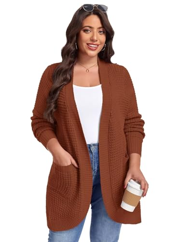 Image of LARACE Long Cardigans for Women Plus Size Tops Open Front Sweaters with Pockets Waffle Ribbed Sleeve Loose Fall Outwear
